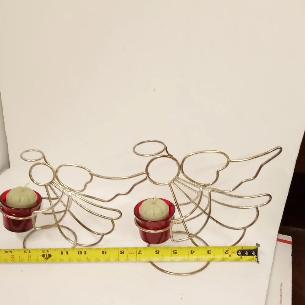 2 Angel Cherub Figurine Goldtone Wire Metal Tealight, Candles